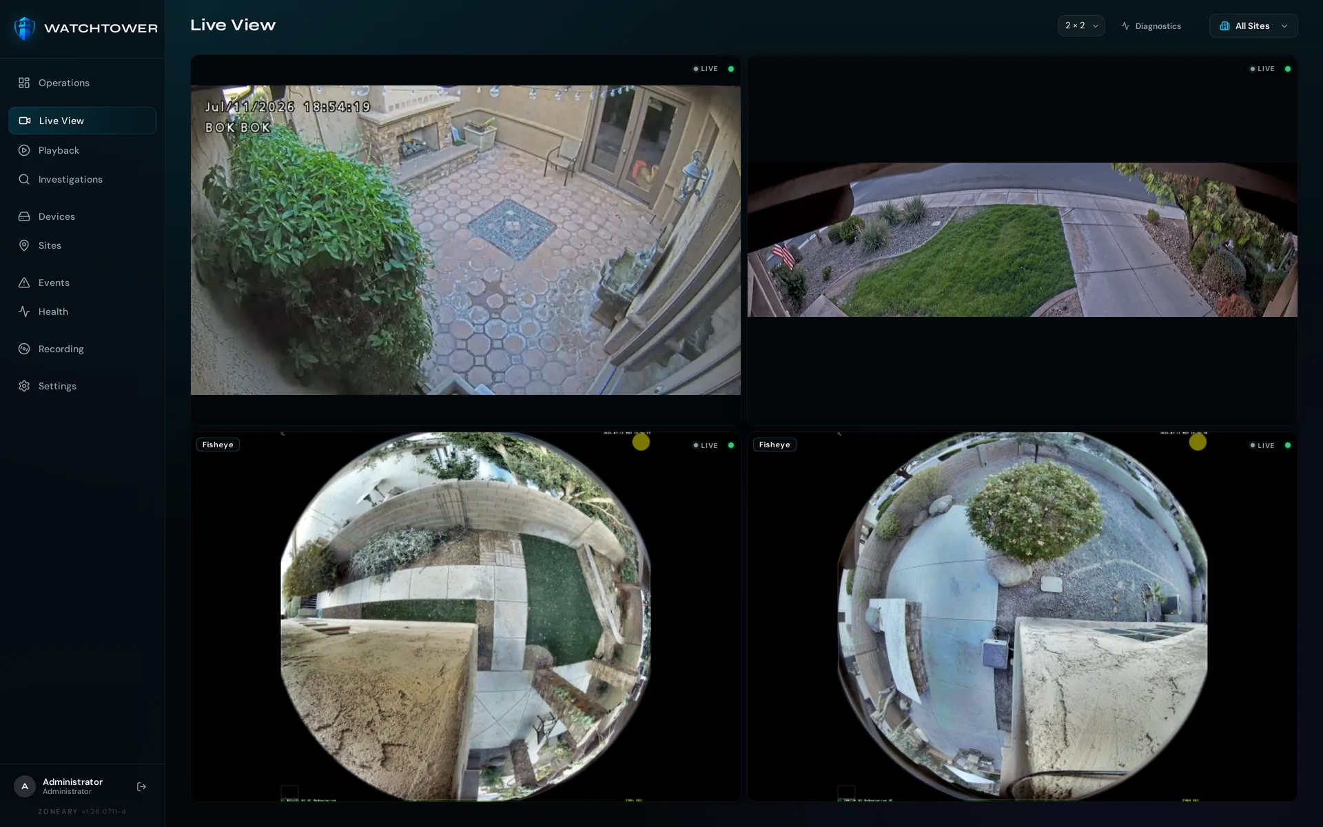 Watchtower Live View showing a 2x2 wall of live camera feeds