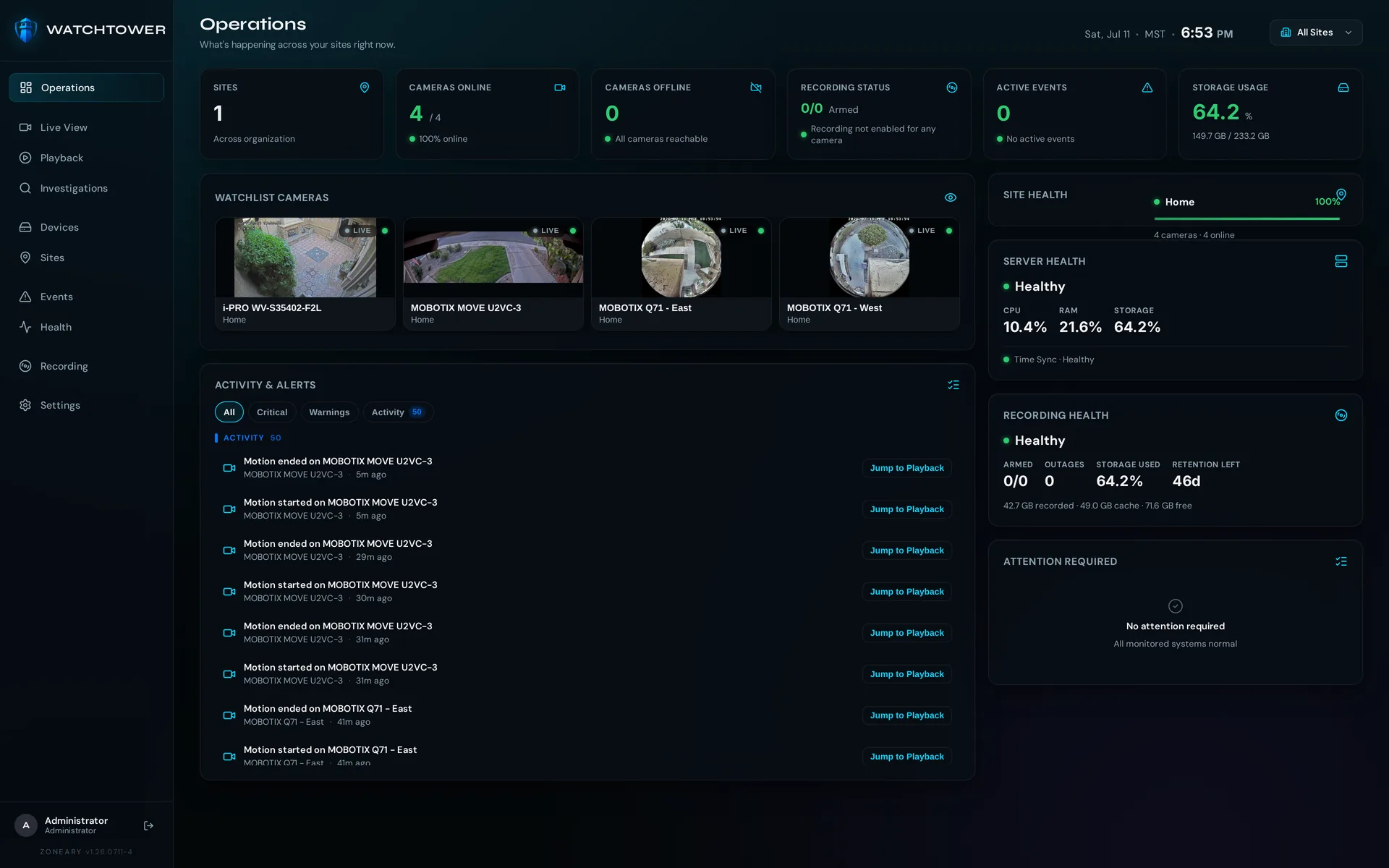 Watchtower Operations dashboard showing sites, cameras online, recording status, server and recording health, and a live activity feed
