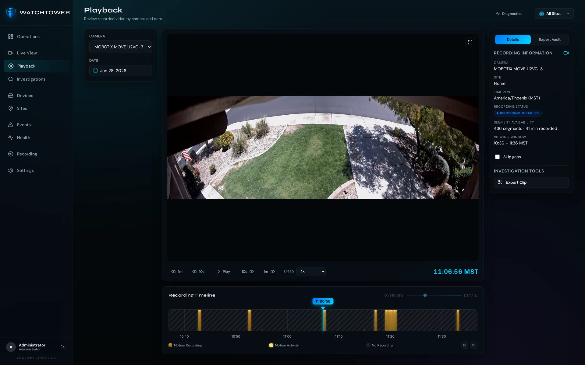 Watchtower Playback with recording timeline and investigation tools